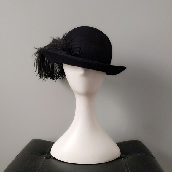 Vintage 1970s Ms. Jo Ann Black Wool Bowler Hat with Epic Huge Ostrich Feather - Picture 1 of 6